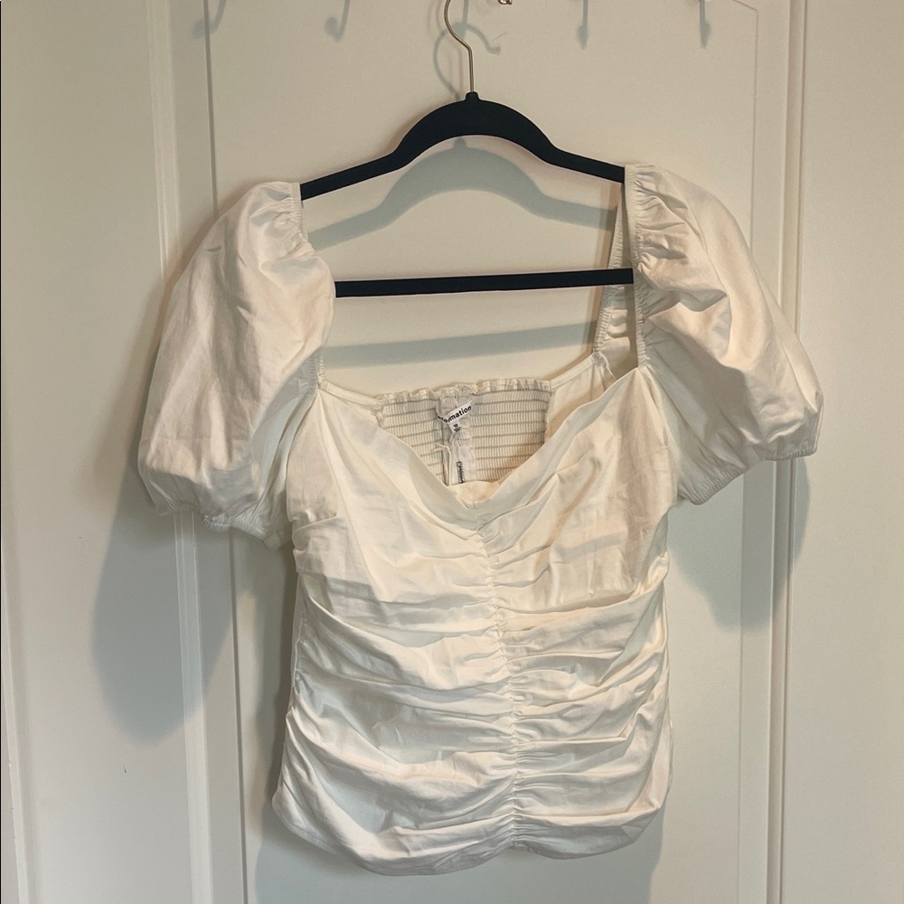 Reformation White Ruched Puff Sleeve Blouse